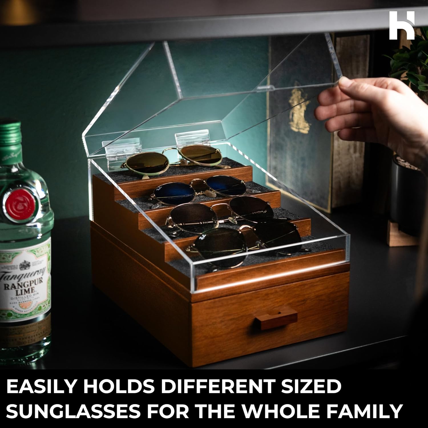 Holme & Hadfield Premium 6-Slot Sunglasses Organizer – Beautiful 360° Views – Handcrafted Wooden Sunglasses Display Case for Multiple Glasses – Luxurious Birthday Gift